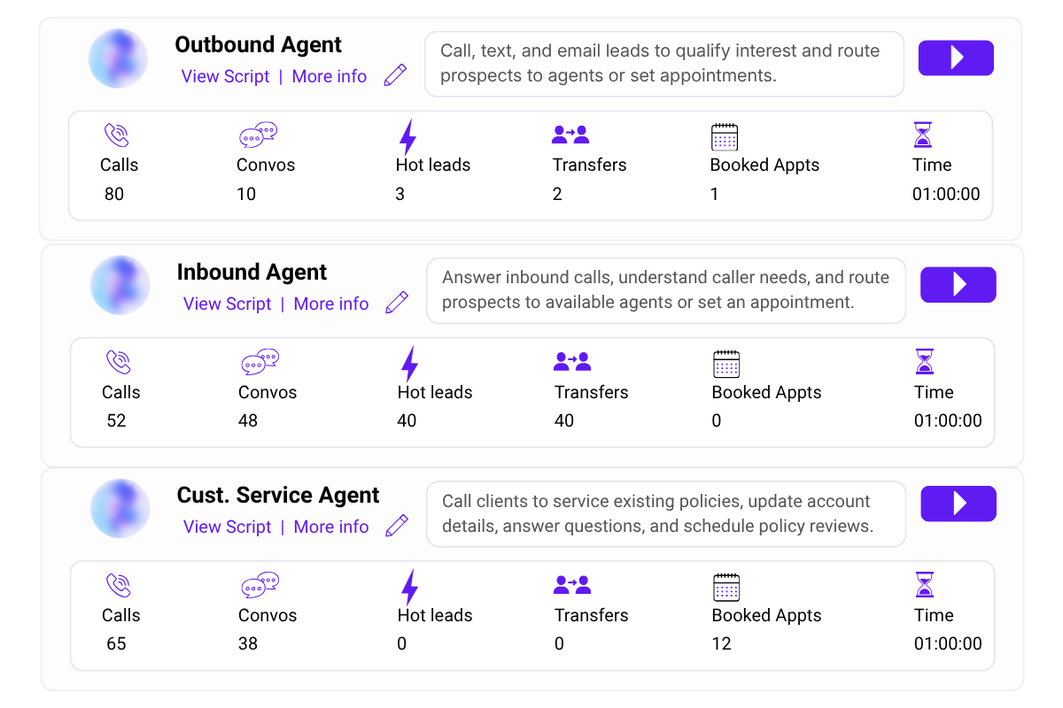 Ready-Made AI Agents including Outbound Agent, Inbound Agent, and Client Care Agent